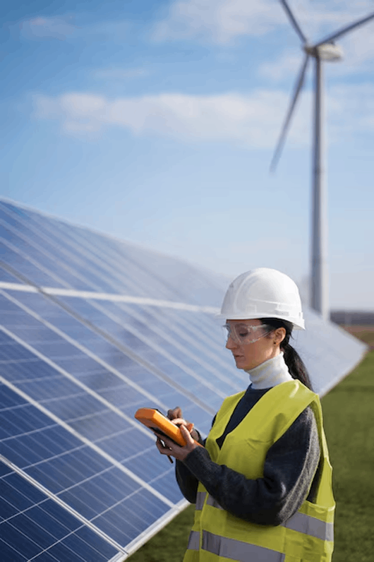 Mujer al lado de una placa solar