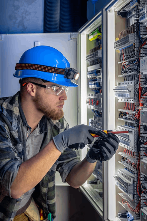 Electricista trabajando en un cuadro eléctrico